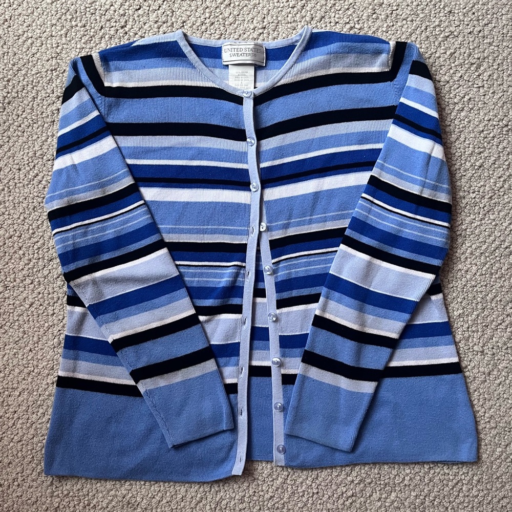 VINTAGE Y2K United States Sweaters Blue Striped Cardigan